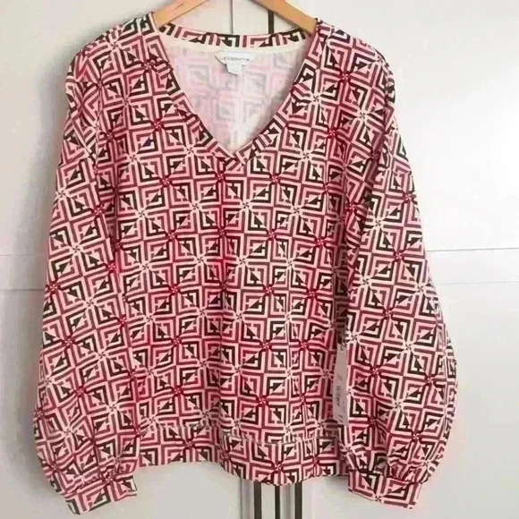 Liz Claiborne Women's Red/Black/White Pattern Balloon  Arm Fleece Sweate… - Picture 1 of 4